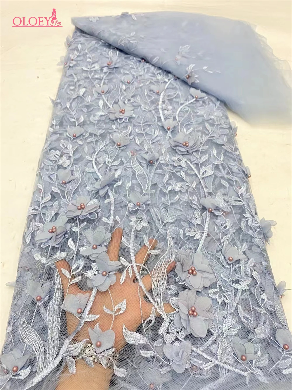Tissu africain nigwin pour robe de mariée, maille française, broderie de fleurs 3D, dentelle perlée, mode