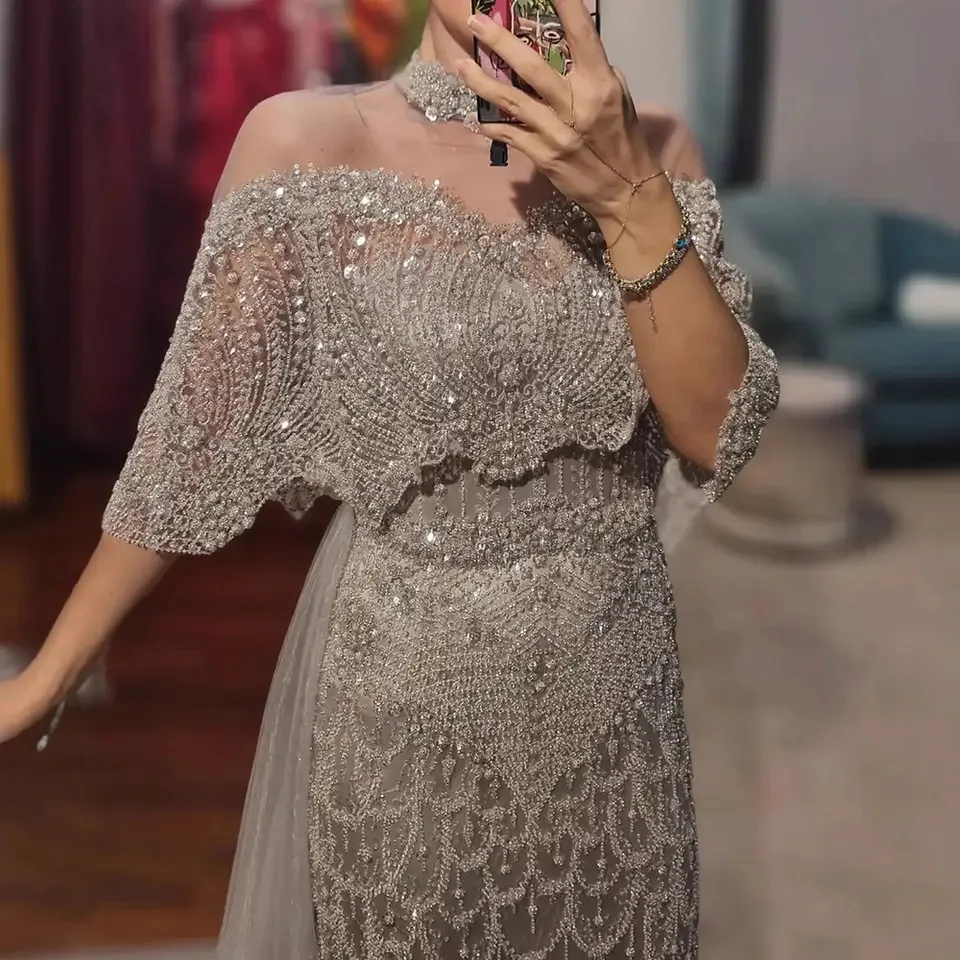 فستان سهرة حورية البحر مطرز بالخرز من دبي للنساء 2025 أنيق برقبة عالية وأكمام طويلة للنساء فستان حفلات الزفاف حسب الطلب #3