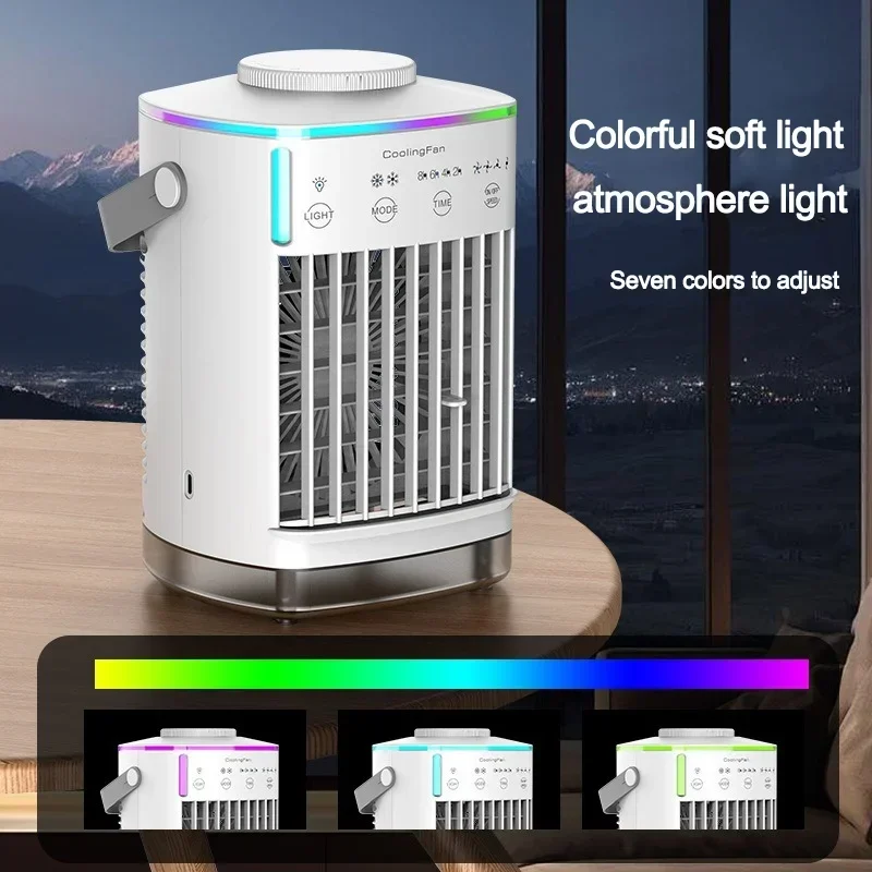 Portable Air Conditioner with Colorful Atmosphere Light Water Cooling Fan USB Table Fan Water Tank Desktop Fan Humidifier