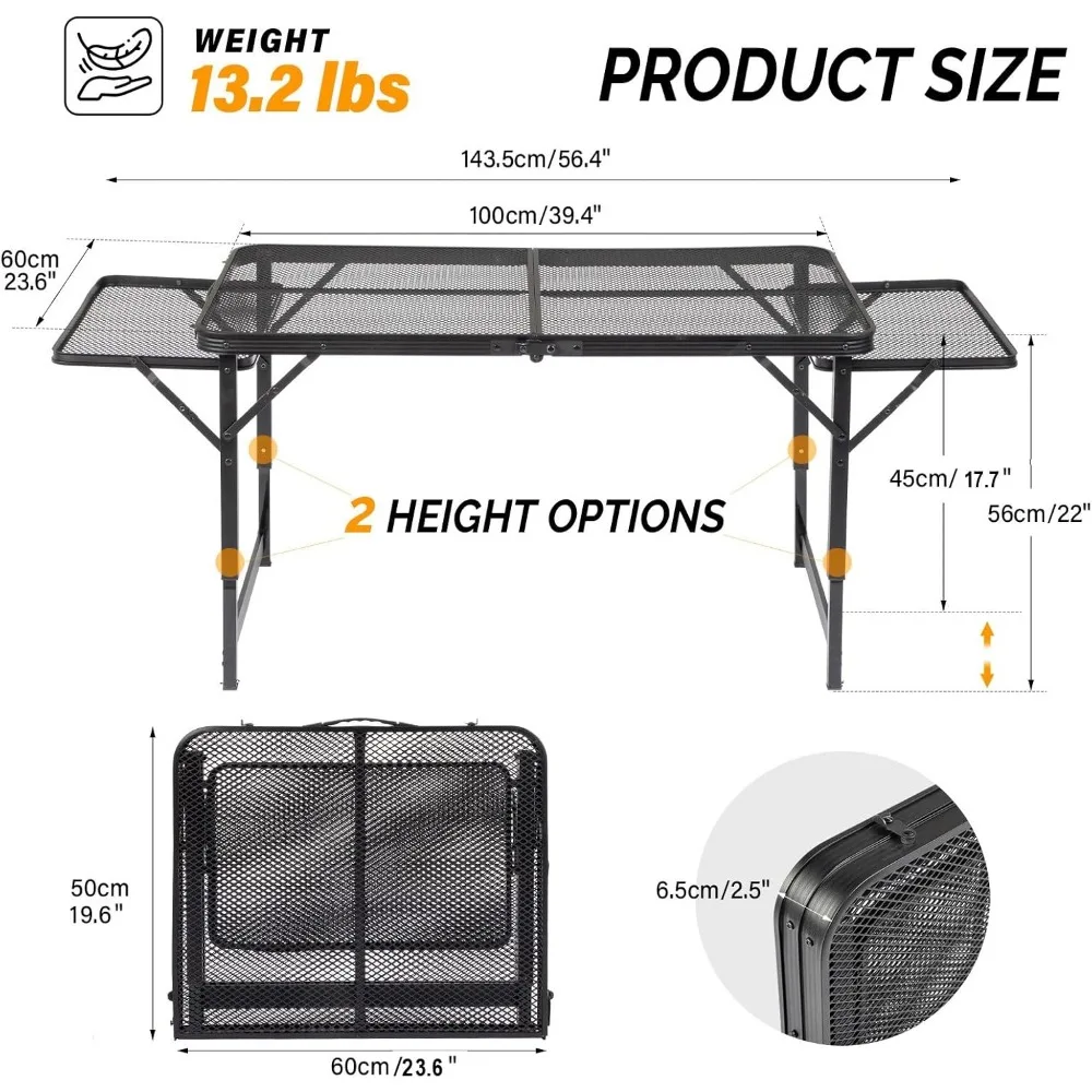 Outdoor Grill Table, Folding Camping Table, Card Table Adjustable Height & Width, Carry Handle for Outdoor, Picnic, Beach, Indoo
