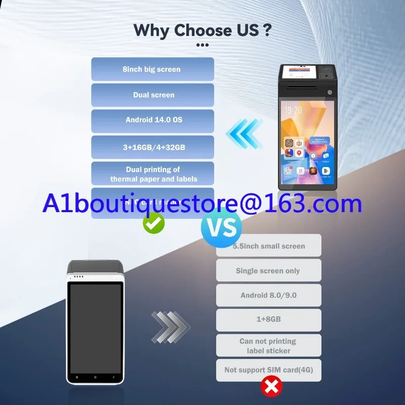 Android 14.0 Dual Screen 8 inch 3 gb + 16 gb/32 gb Handheld Pos Systeem 58mm Printer Z108 Nfc Kassa Epos Machine eindpunt