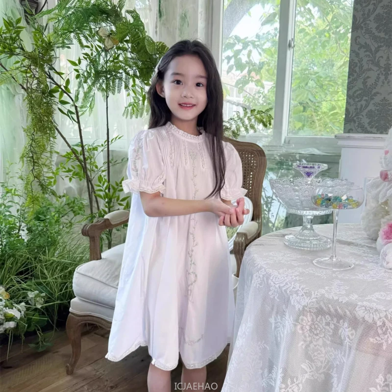 Teen Girl Clothes Children White Vintage Hand Smocked Kids Girls Short Sleeve Dress Korean Simple Style Loose Casual Costume
