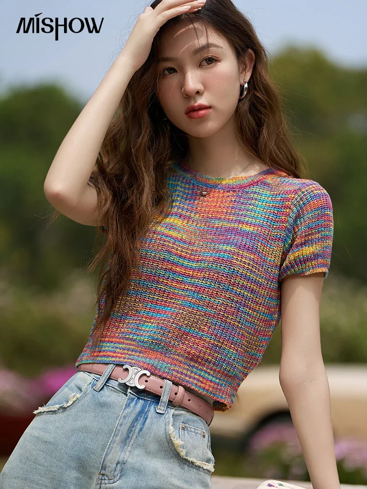 MISHOW Colorful Stripe T-shirt for Women 2023 Summer Korean Sweet Short Sleeve O-Neck Female Knitted Tops Office Lady MXC33Z0043