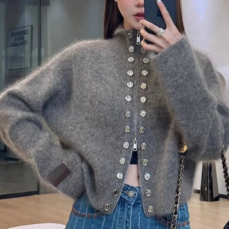 

Deeptown Gray Vintage Women Knit Cardigan Red Old Money Style Long Sleeve Korean Fashion Turtleneck Zipper Sweaters Loose Casual
