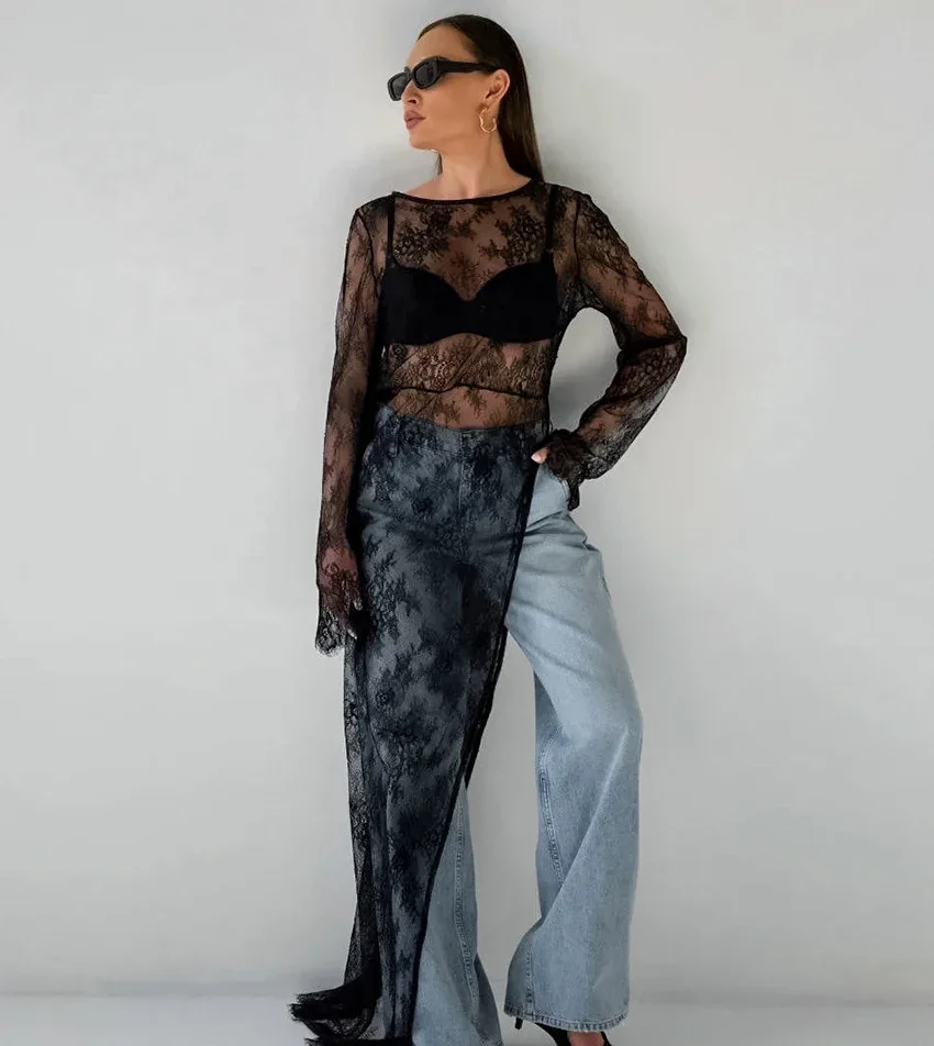 Fashion Perspective Sexy Long Blouses O-Neck Women Long Sleeve Irregular Lace Pullover Tops High Street Female 2024