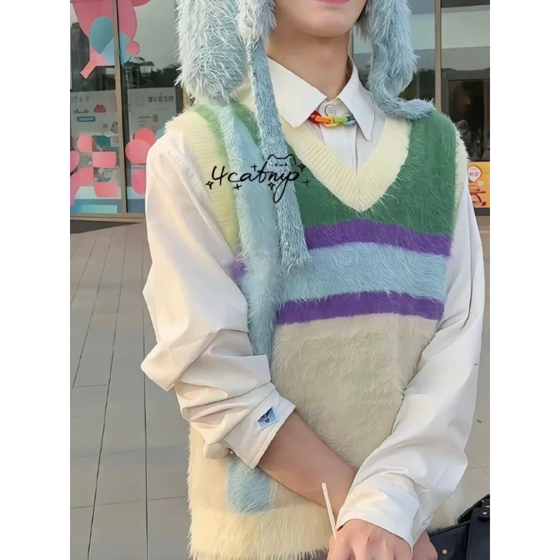 

Осенняя новая мода без рукавов вязаный Радужный контрастный цвет свободный жилет полосатый свитер топ