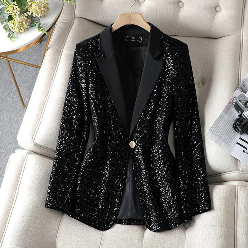 New collection women\'s sequin blazer suits Fashion Elegant Single button jacket basic coat Club Fall Clothes INKEO 2O150