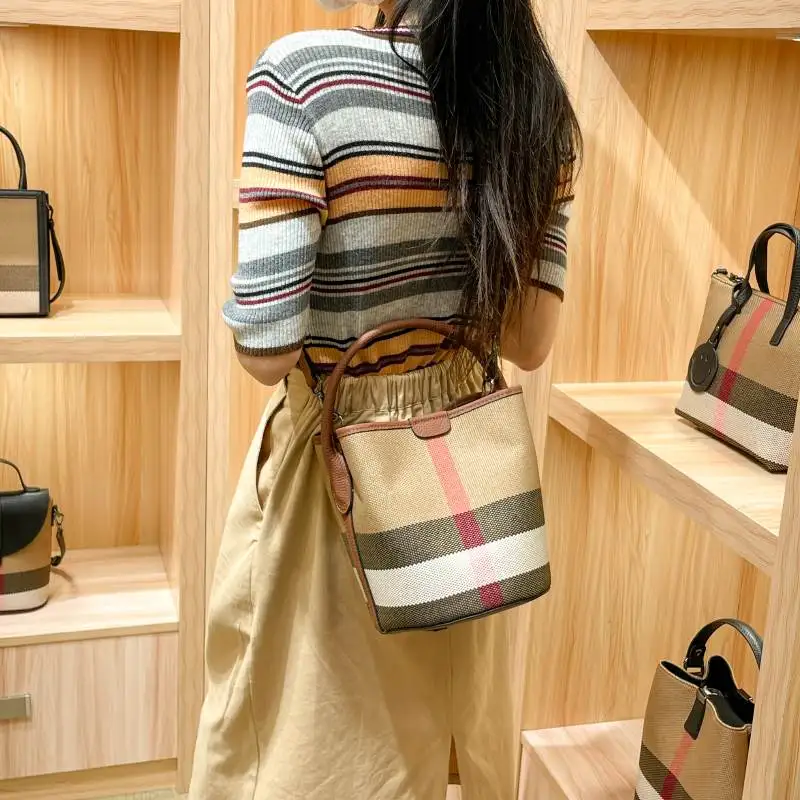 Canvas Genuine Leather Women Bags Fashion Barrel Bucket One Shoulder Crossbody Bags Female Purses And Handbags Luxury Ladies Bag