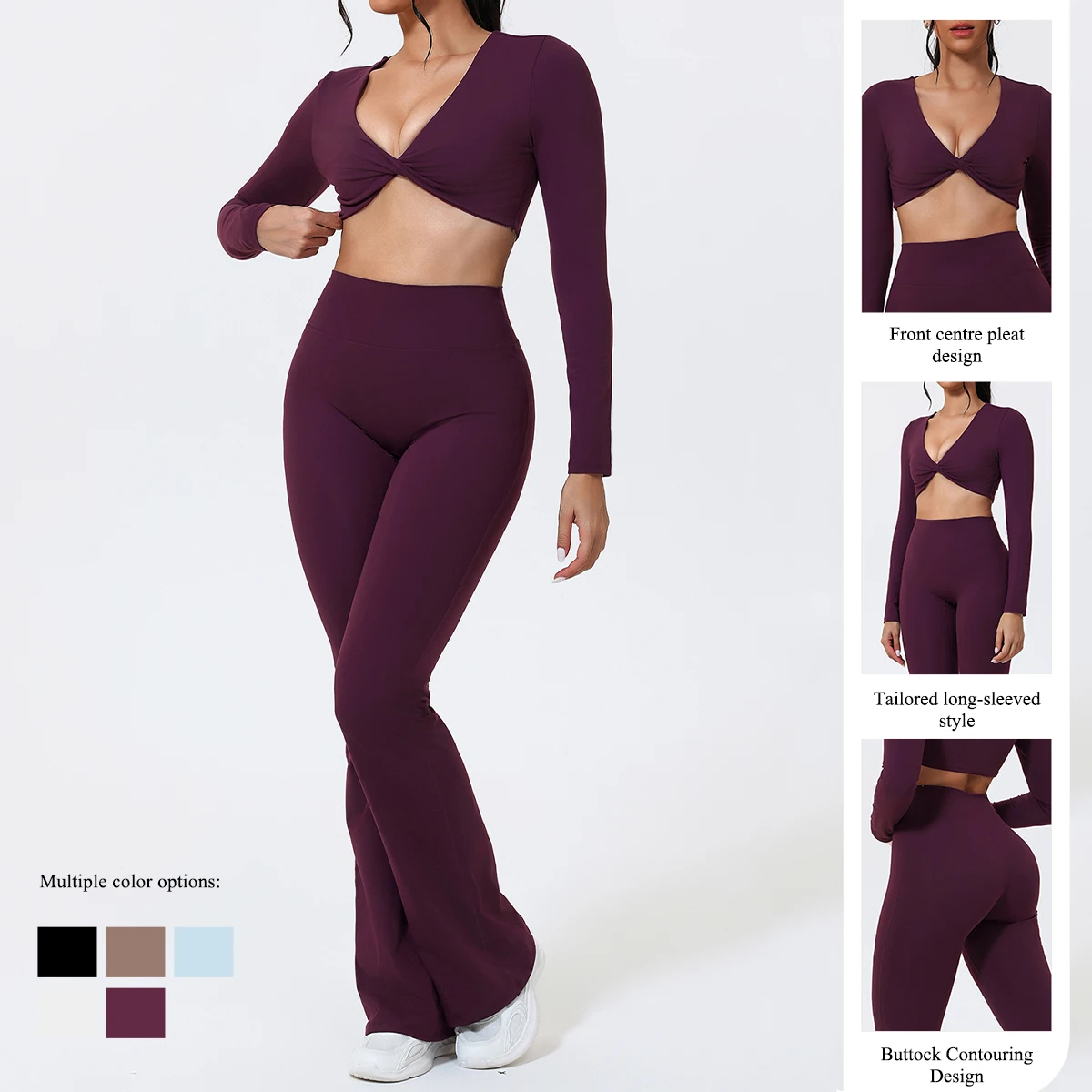 Hearuisavy Flared Pants Sets 2Pcs Woman ECO Pilates Twist-Knot Long Sleeved Cropped Sports Top High Waisted Butt Lift Yoga Pants