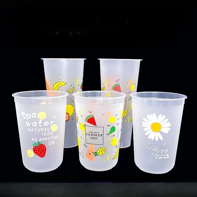 50pcs Fruit Printed Milk Tea Cups Disposable Coffee Cold Drink Hot Drink Packaging Thickened Frosted Injection Molded Juice Cup