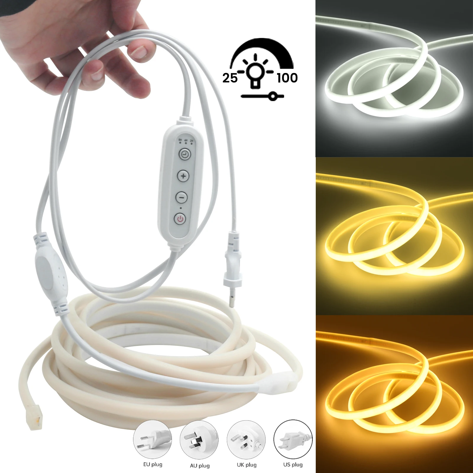 

Светодиодная лента COB с регулируемой яркостью, AC 110 В, 220 В, гибкий неоновый свет, водонепроницаемый веревочный светильник, 288 светодиодов/м, плотность линейного освещения, ЕС, США, Великобритания, Австралия