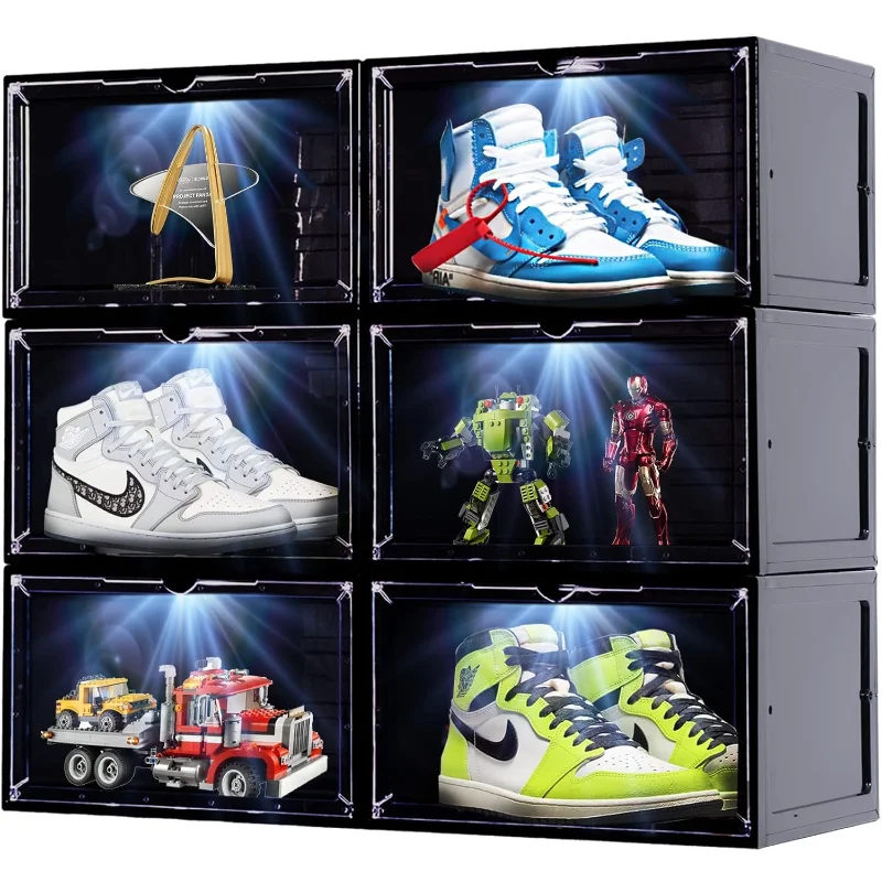 

Shoe Box Shoe Storage Organizer 2024 NEW 6 Pack LED Clear Plastic Stackable Side Drop Front Display Foldable Sneaker Containers