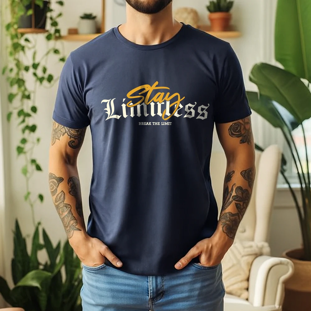 Men New Summer 100% Cotton T‑Shirt, Stay Limitless Vintage Script Print, Breathable Casual Short Sleeve For Street Daily Wear