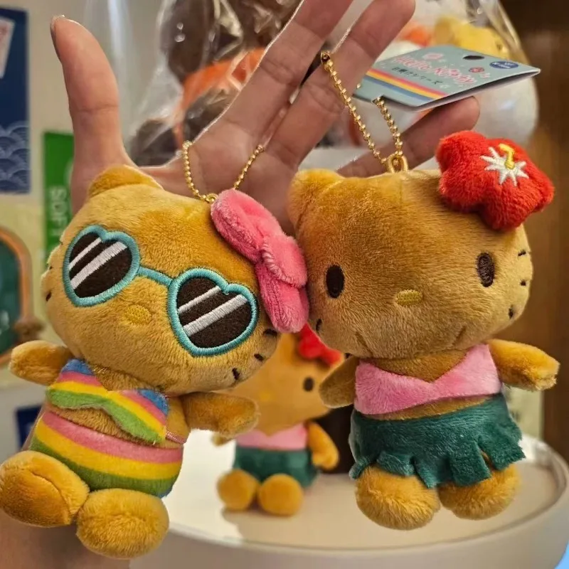 Sanrio 10CM  Hello Kitty Bikini Doll Keychain Pendant  sunglasses holiday Dark skin Kitty KT Stuffed Kawaii Plushies Bag charm
