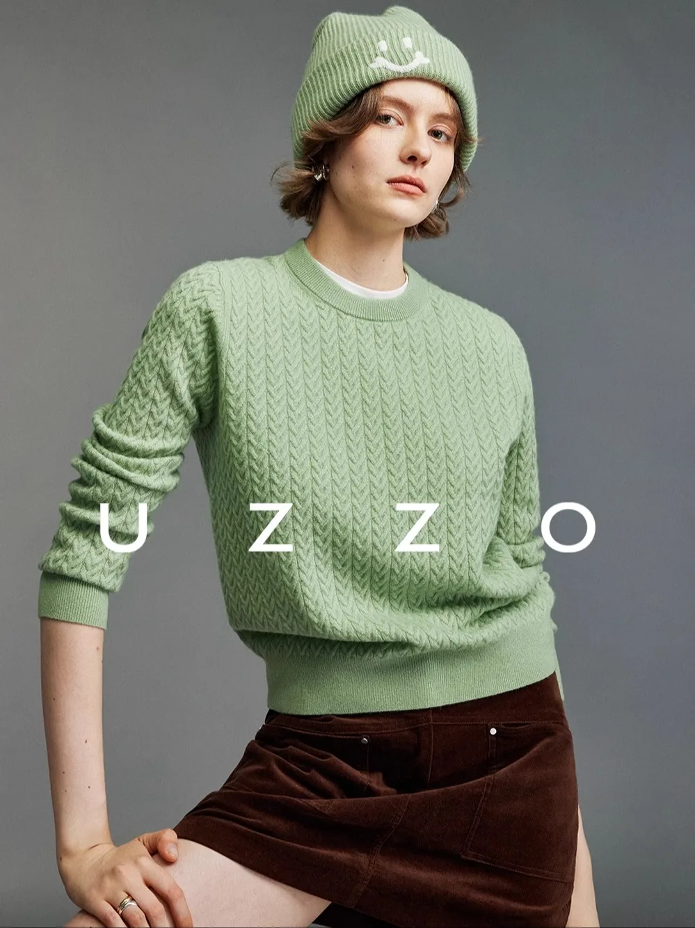 

UZZO Vintage Sle Camere Sweater Knitted Long Sve round Ne Color Woolen Yarn Twist Dyed Texture Fine Women's Fa...