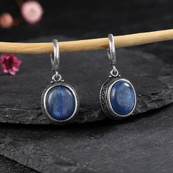 Boucles d'oreilles créoles ovales en argent regardé 925 pour femmes, Kyanite naturelle, Labrumen ite, rétro, fête, bijoux délicats, cadeau de mariage