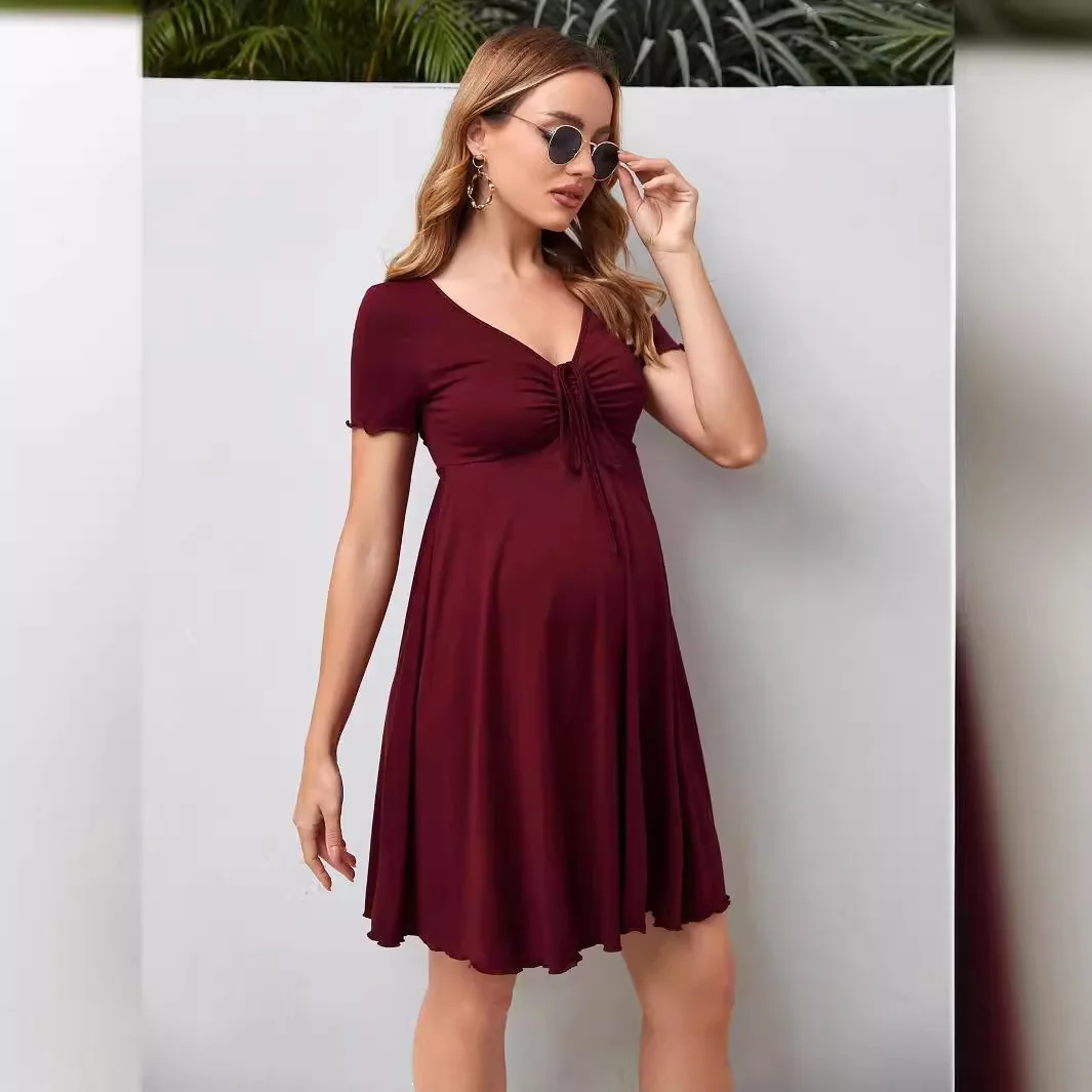 Clothes for Pregnant Women Maternity Dress Summer Vneck Elegance Short-sleeved High Waist Dresses Drawstring Bow Mother Clothing