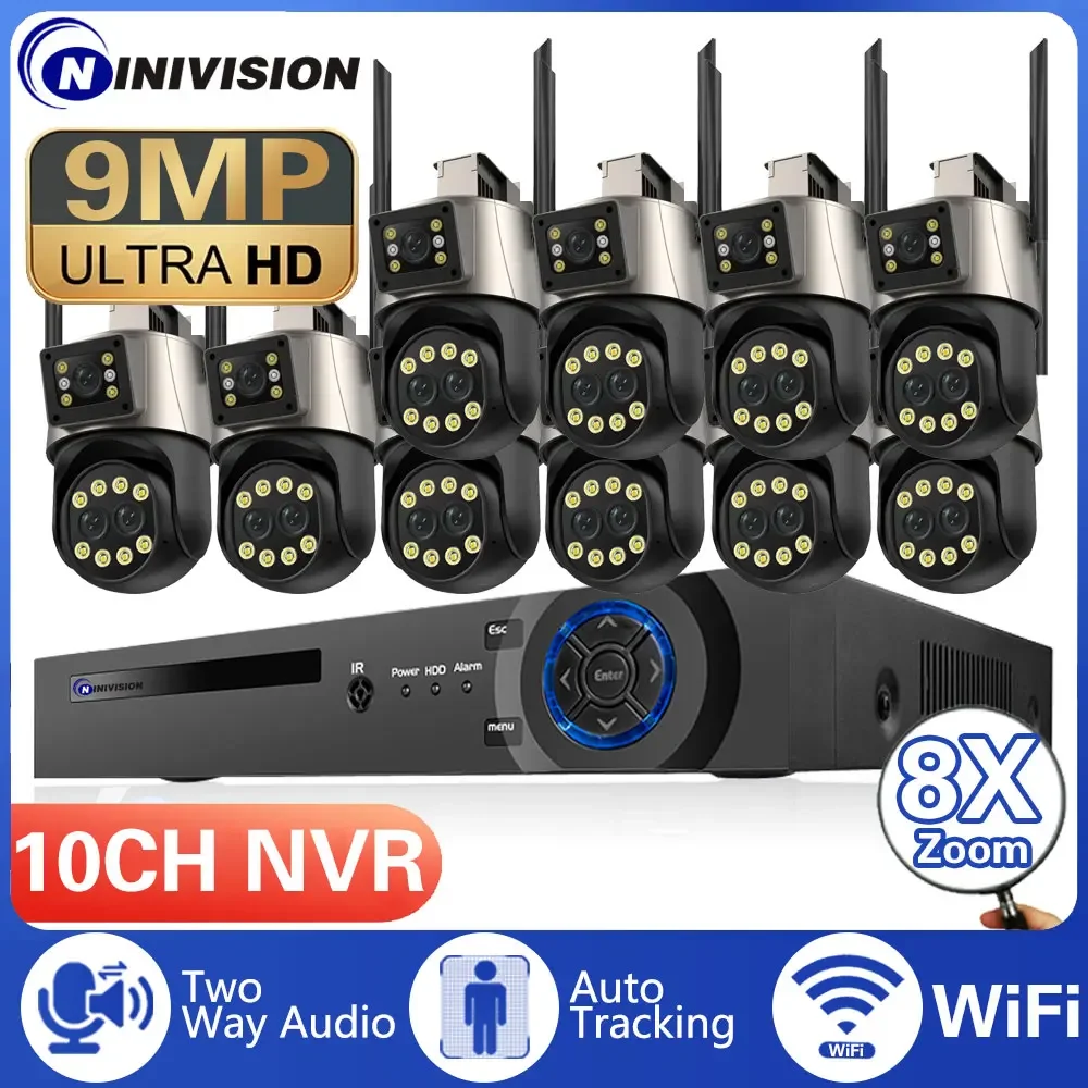 

9MP 5K Three-Lens Dual-Screen 10CH 4K NVR ICsee Wifi PTZ Control Wireless Video Surveillance Kit Security System 8X Digital Zoom