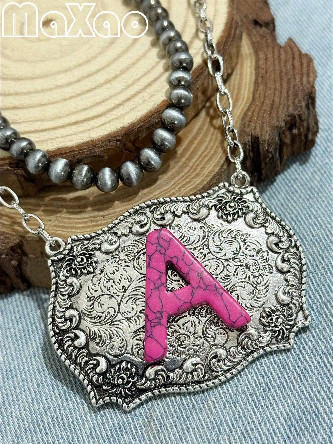 

18" Beaded Chain & 20" Ornate Alloy Pendant Necklace with Fuchsia Letter A, Vintage Boho Style
