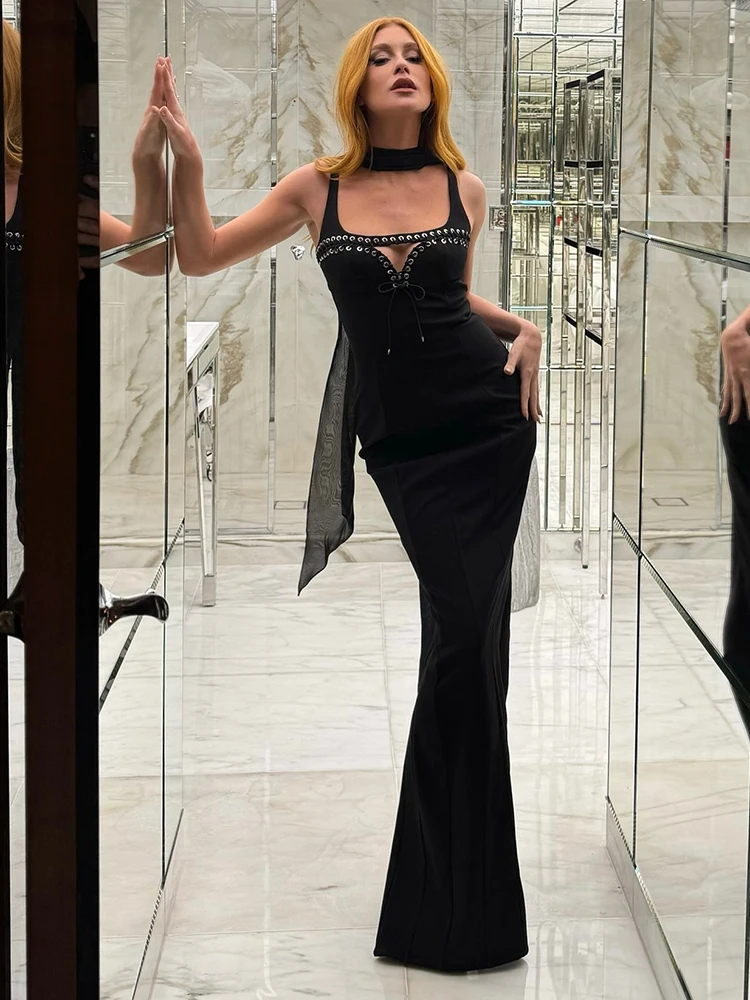 VC artistique noir à bretelles sans manches à lacets et ruban transparent robe pour robe de soirée gala créative
