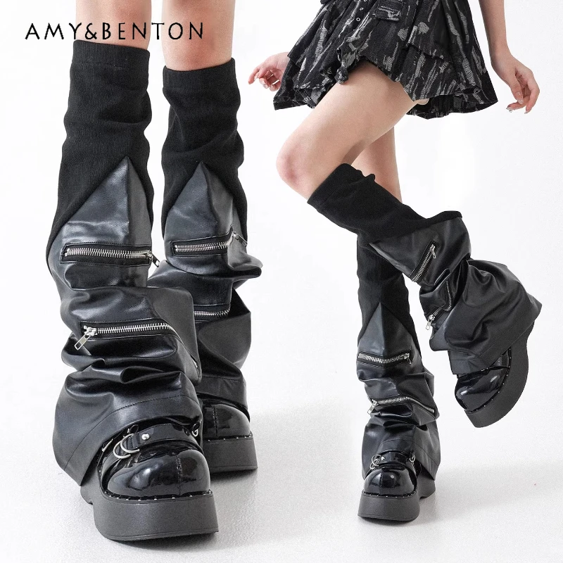 

Punk Dark Zipper Leather Women's Socks 2025 Autumn Winter New Style, Slimming Subculture Plus Size Long Tube Leg Warmers Ladies