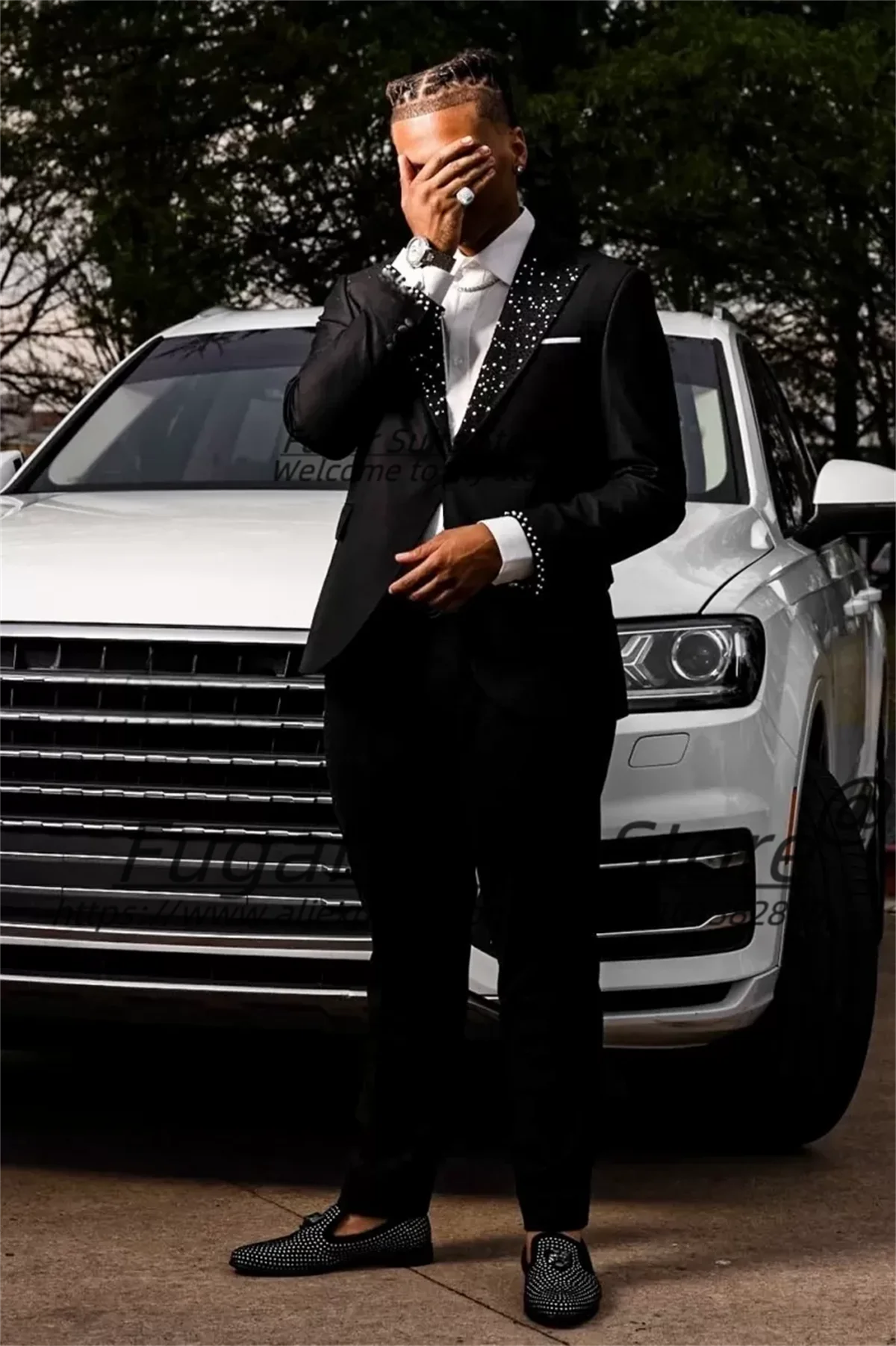 Fashion Black One Button Prom Men Suits Customized Shiny Beading Peaked Lapel Groom Wedding Tuxedos 2 Pieces Sets Ropa Hombre