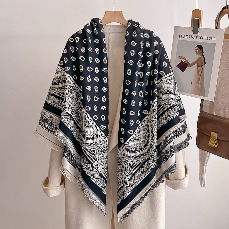 

Женский кашемировый шарф люксового бренда 2025 года — зимняя теплая шаль из пашмины в полоску с кисточками и принтом, платок и пончо