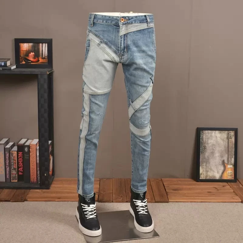 fashion men's patchworky2k jeans retro light blue designer slim fit slit jeans men's patchwork elastic hip-hop pants Hombre