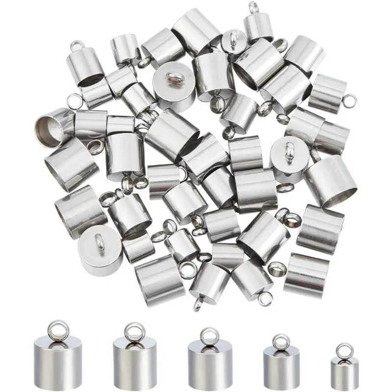 

50pcs Stainless Steel Cord Ends 6/7/8/9/10mm Fasteners Cord Ends Caps 5 Sizes Smooth Surface Tube Cord End Jewelry Making