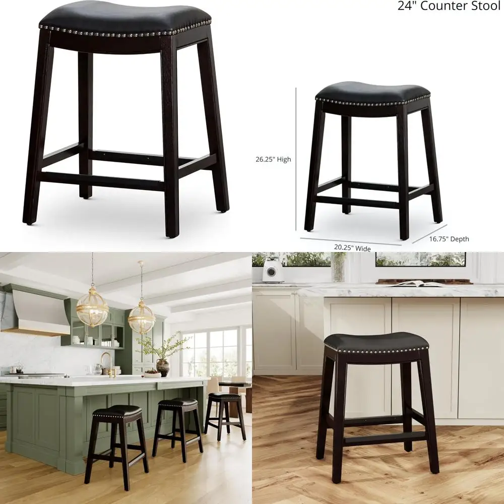 Indoor Living Durango Sattelhocker aus gebundenem Leder, 24 Thekenhöhe, Espresso, schwarzer Ledersitz