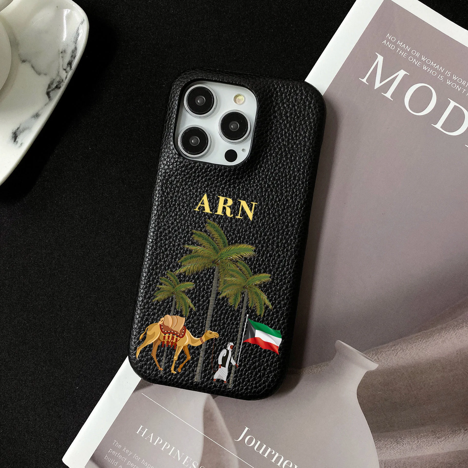 

Personalised Customized Name Coconut tree Leather Case For iPhone 16 15 14 13 12 11 Pro Max Initials Letters DIY Engraved Cover