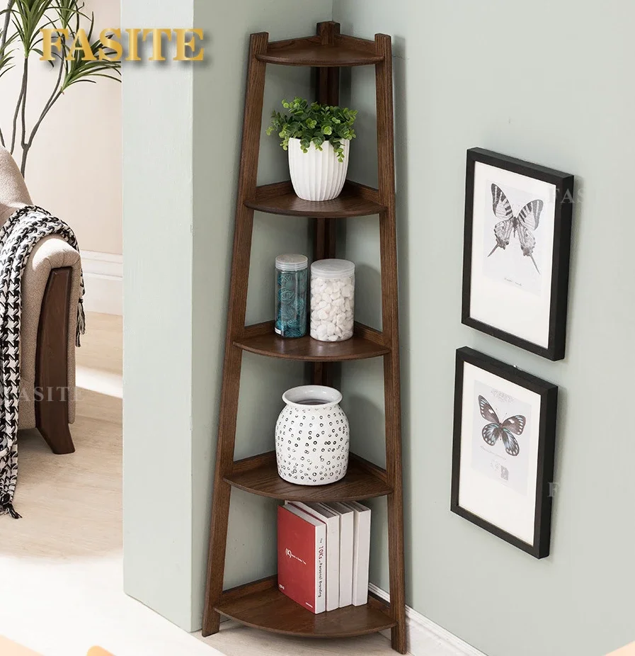 

Five layer environmentally friendly American oak walnut multi-layer flower rack bookshelf corner shelf