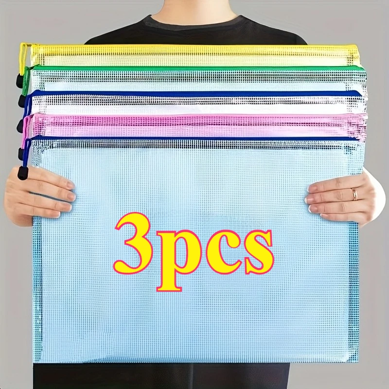 3Pcs A3 PVC Mesh Zipper File Bag,Transparent Large Capacity Art Drawing Storage Pouch,Colored Mesh Design,Random Color Office Do