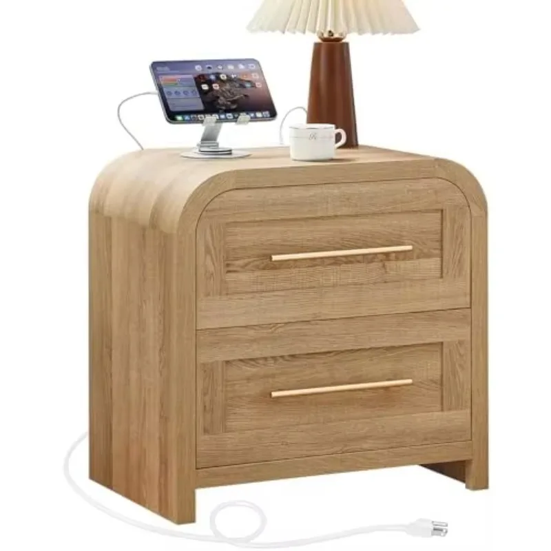 Curved 22‘’ Night Stand with Charging Station and 2 Drawers | Modern Nightstand with Metal Handle, Mid Century Side End