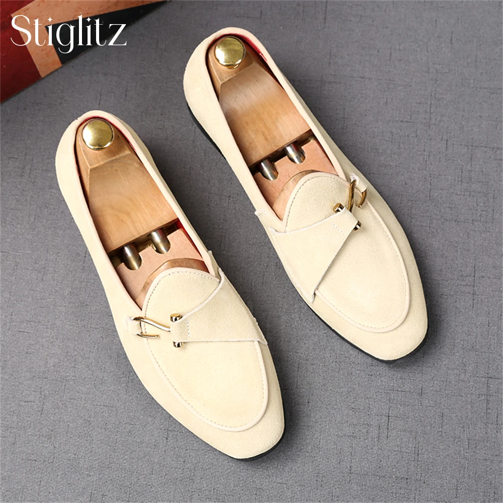 Twist-and-Buckle Loafers for Men Comfortable Round-Toe Flat Shoes Fashion Style Suede Handmade Shoes for Banquet Elegant Shoes