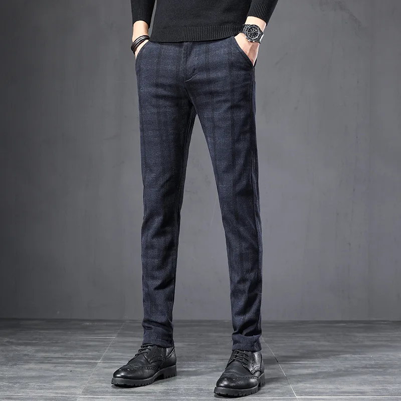 Pantalones informales a cuadros cepillados para hombre, pantalón de trabajo recto de algodón elástico ajustado coreano, ropa de marca, negro, gris,