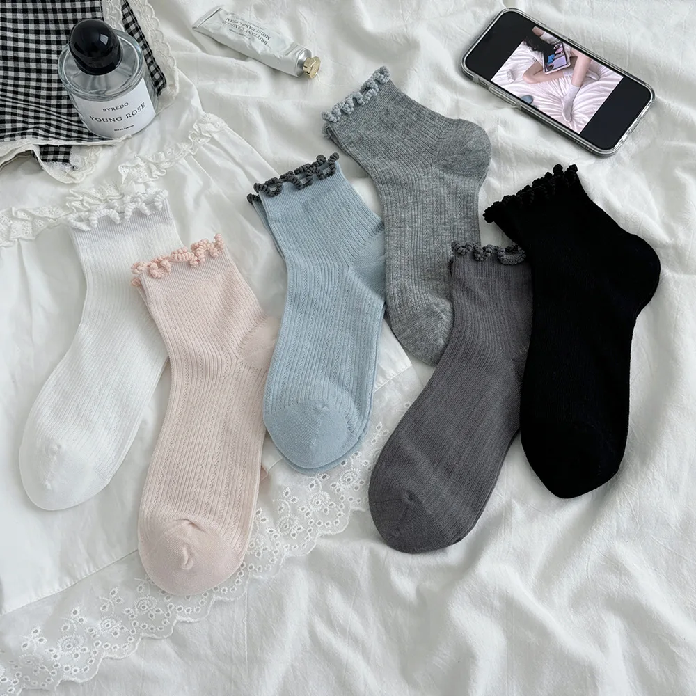 

Весенне-летние хлопковые носки до щиколотки с рюшами, милые кавайные чулки в стиле Лолиты для девочек, дышащие тонкие свободные средние носки, японские носки