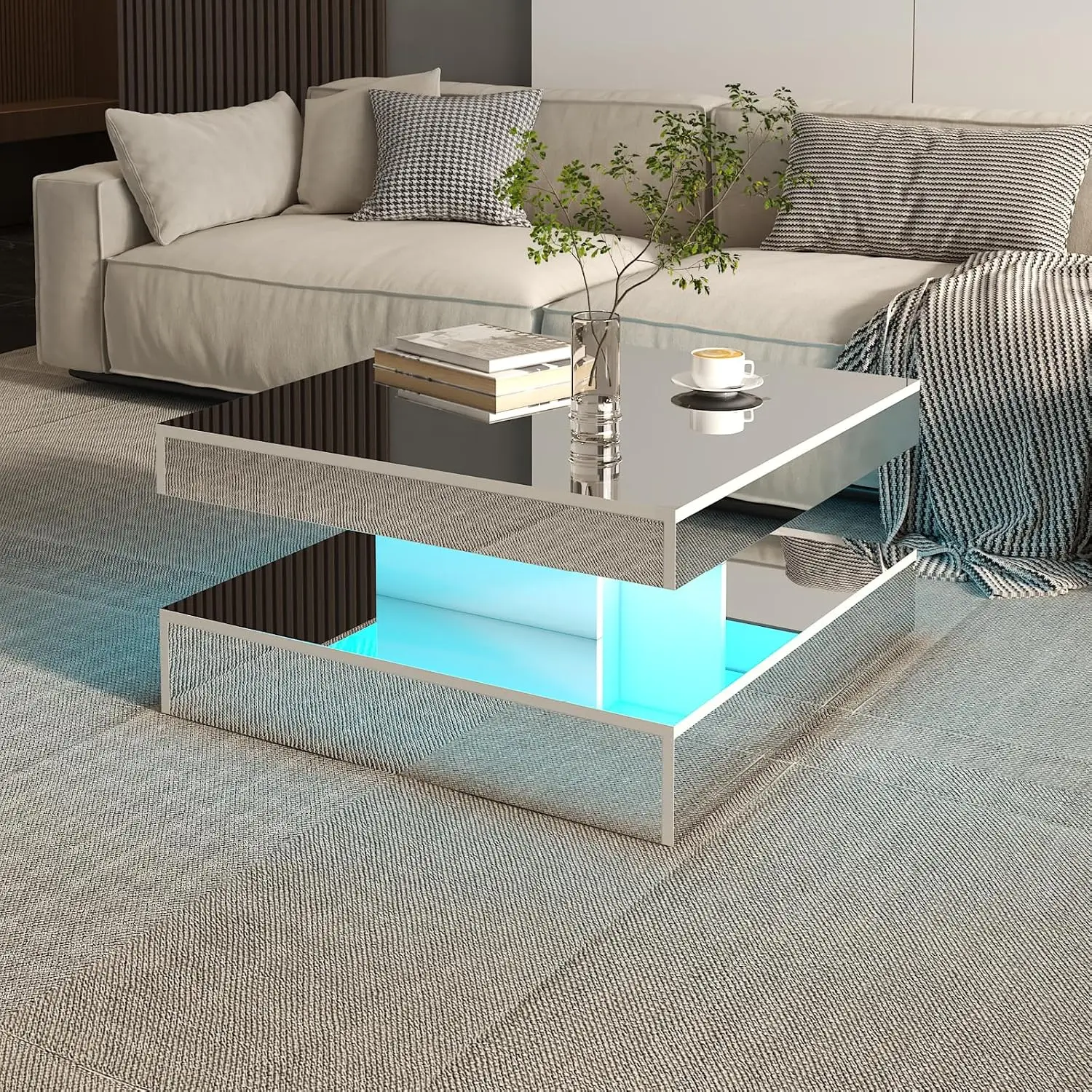 LED Coffee Table Modern Square 2-Tier Storage Mirror Living Room Office Bedroom Reception, Customized