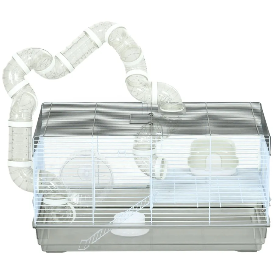 

PawHut Compact Gerbil or Dwarf Hamster Cage with Tubes Exercise Wheel Food Dish Water Bottle 23x13x12 Gray