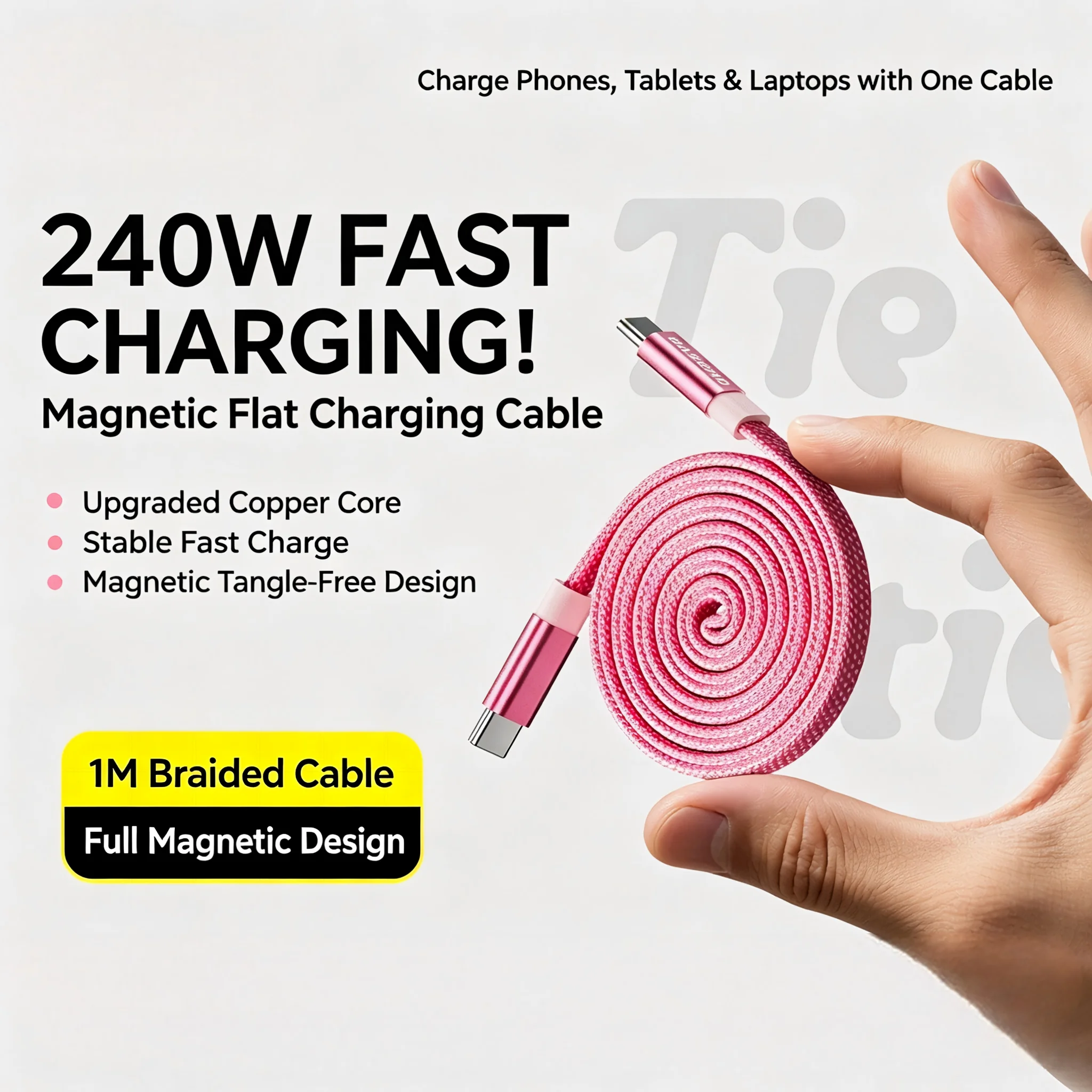 Cable de Datos Magnético Trenzado de 240W USB C a USB C para iPhone, Carga Súper Rápida de 5A