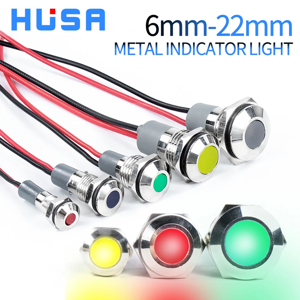 6mm 8mm 10mm 12mm 14mm Metalowy wskaźnik ostrzegawczy LED Lampka sygnalizacyjna Pilot Wire 3-6 12-24 220V Wodoodporny IP65 Czerwony Zielony Niebieski