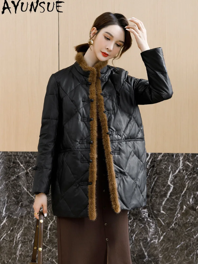 AYUNSUE 100% Real Sheepskin Leather Jacket Women White Duck Down Coat Light Thin Leather Jackets Mink Fur Collar Jaqueta Puffer