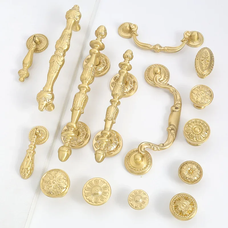 Solid Brass Cabinet Handle Kitchen Cupboard Door Pulls Drawer Knobs French Golden Handles Closet Wardrobe Pulls Furniture Handle