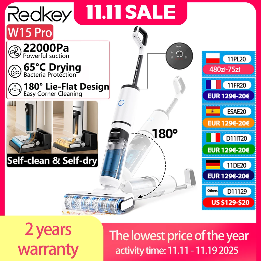 Redkey W15 Pro Cordless Vacuum Cleaner Powerful Suction 22kpa Self-Cleaning Stick Vacuum Wet Dry Vacuum Mop Edge Clean Self-dry