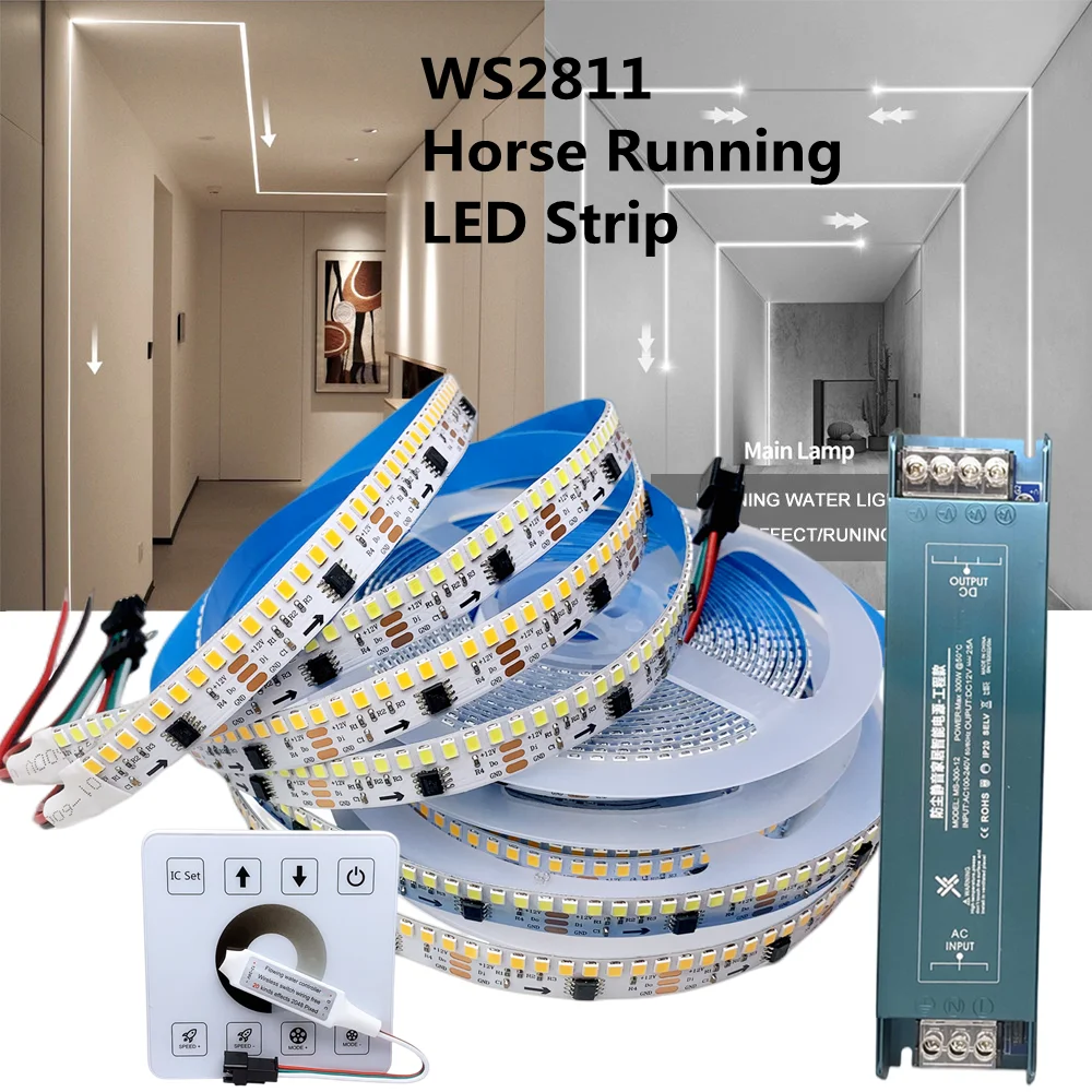 

12V WS2811 Running Water Flowing LED Strip 2835SMD 234Leds/M Horse Race Light With Wireless Controller DC12V Power 5M Kit IP30