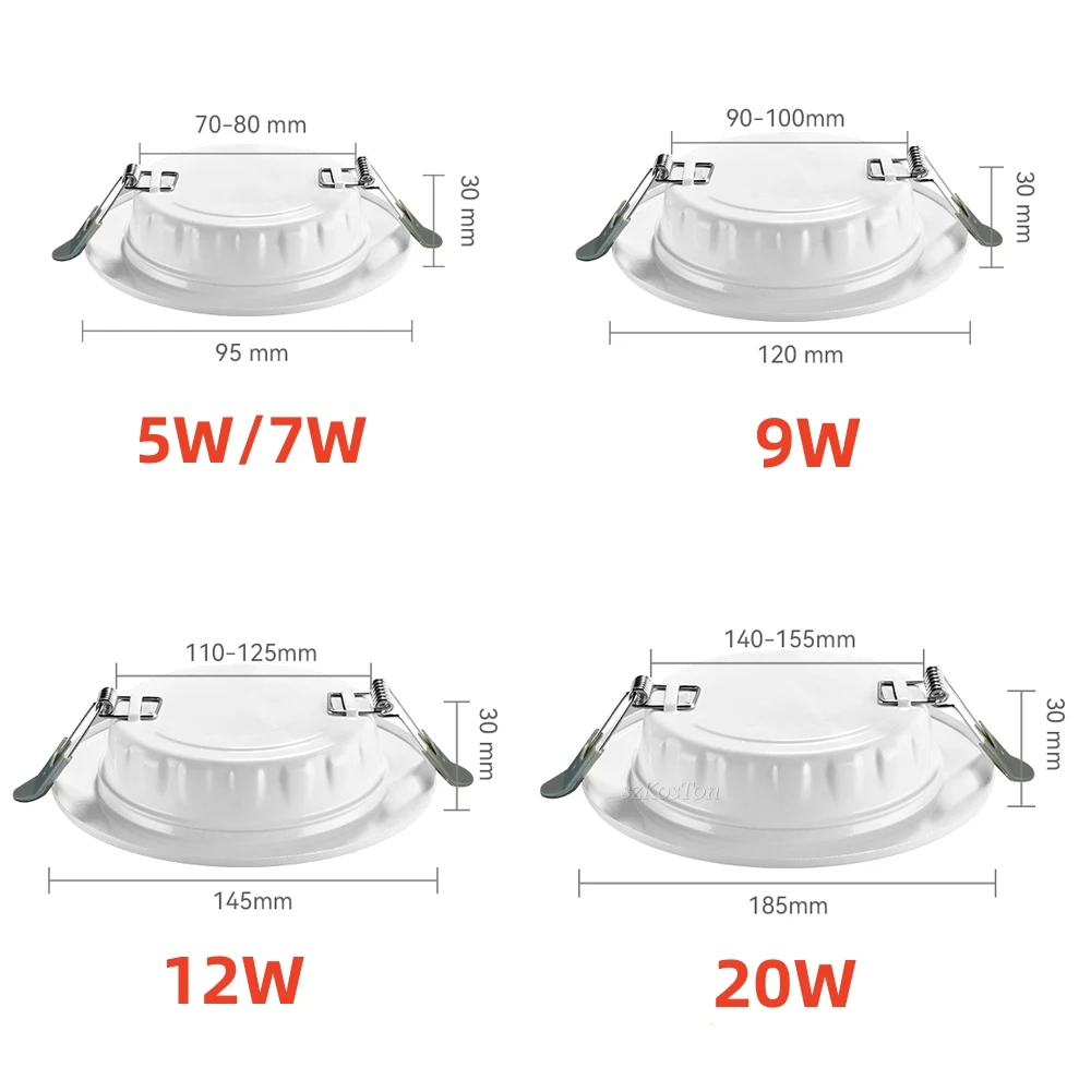 10pcs/Lot LED Downlight 5W 7W 9W 12W 20W 220V Recessed Ceiling Lamp Round LED Panel Lights Spotlight Bathroom Kitchen Lighting