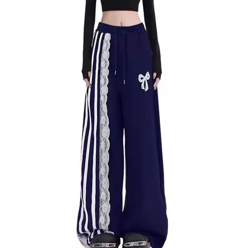 Japanese Casual Woman Sweatpants Trousers Lace  Bow Striped High Waisted Sports Pants Fashion Floor Mopping Pants Y2k Clothes