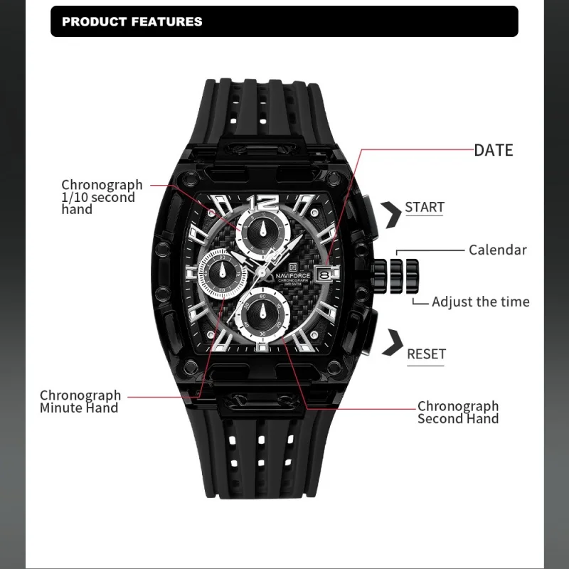 NAVIFORCE Man's Watch 5ATM Waterproof Quartz Chronograph Silicone Strap Stylish Students Sports Male Luxury Wristwatch Gifts Box view 4
