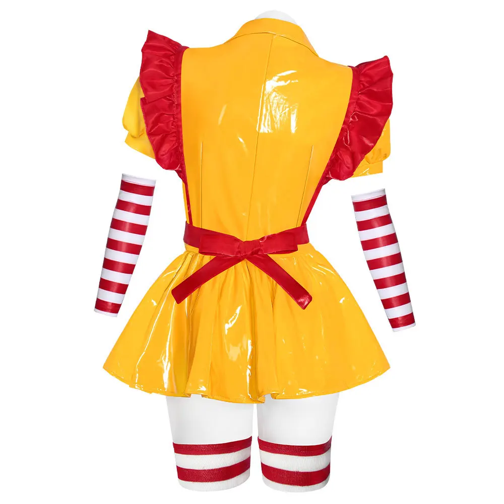 Women's Sexy Leather  Lingerie Maid Uniform Set Waitress Yellow Dress with Red Apron and Hat Halloween Cosplay Costume view 6