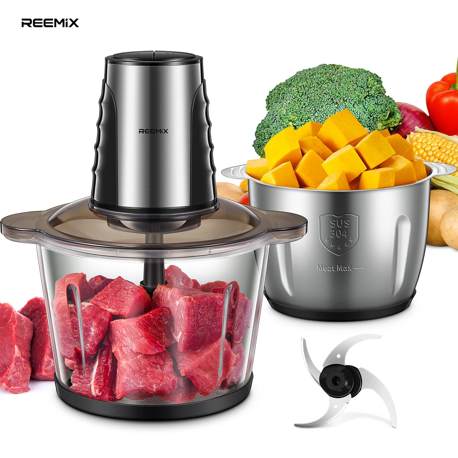 Food Processors with 2 Large Bowls(12 Cup+12 Cup), Reemix Electric Chopper with Powerful 500W Copper Motor